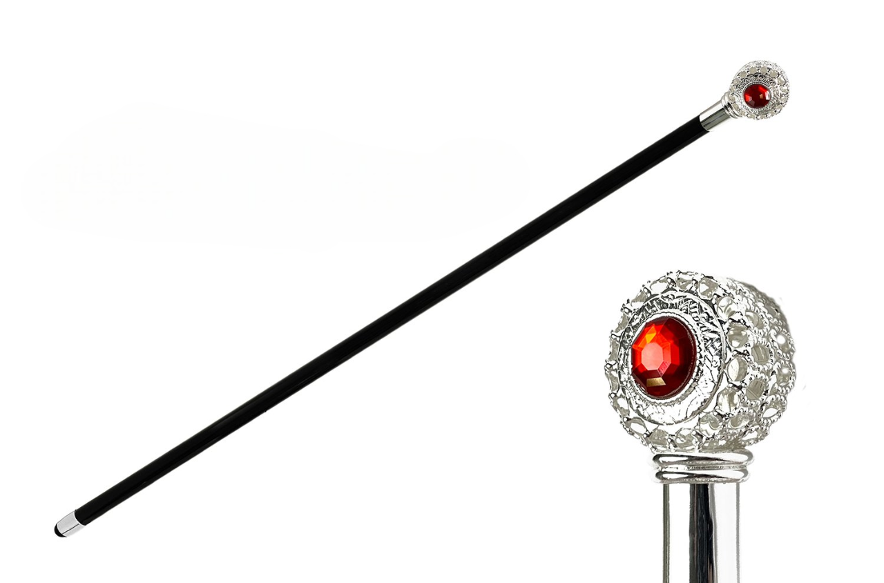 Luxury Italian Silver-Plated Handle and Red Rhinestones Walking Stick