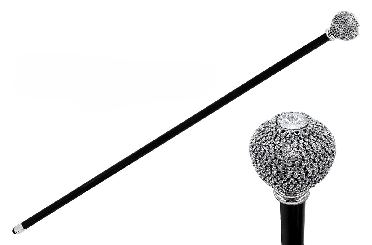 Walking Stick with Round Knob Encrusted with Thousands of Crystals