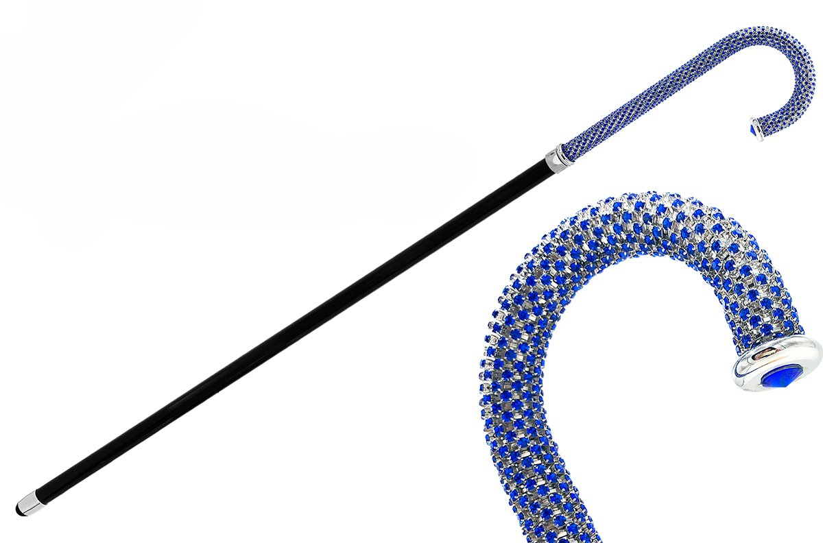 Brilliant Sapphire Crystals on Silver-Plated Brass Walking Stick Cane