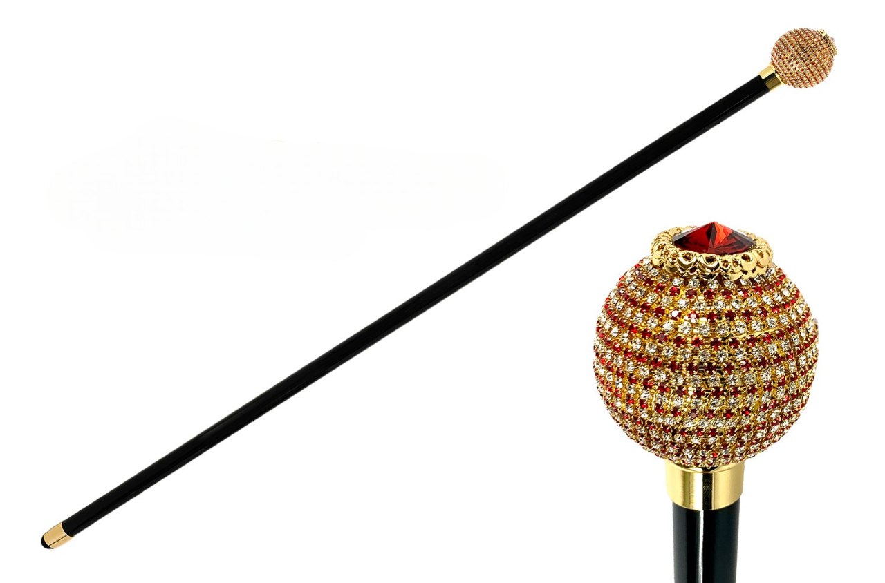 Luxury Italian Jeweled Walking Stick with Red Crystals and Swarovski Stone