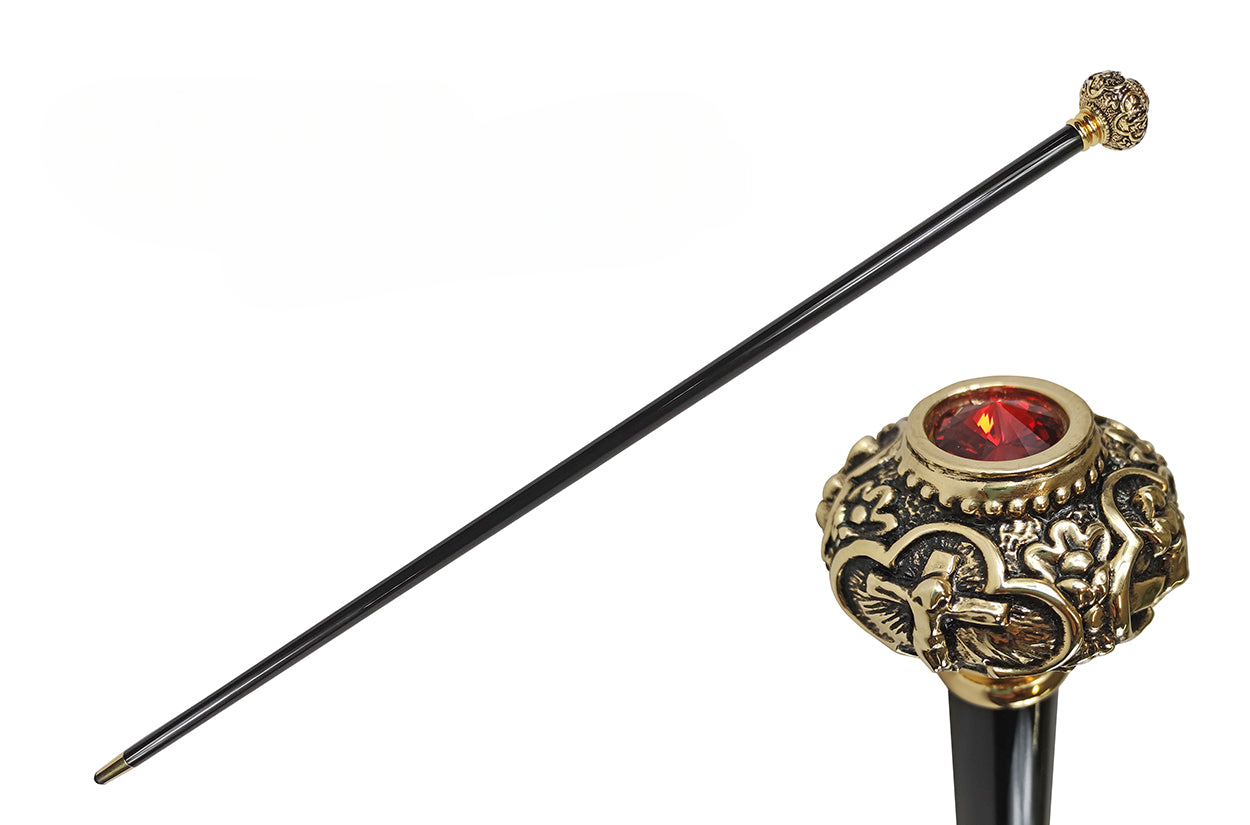 Designer Walking Stick with 24K Gold-Plated Knob and Red Crystal
