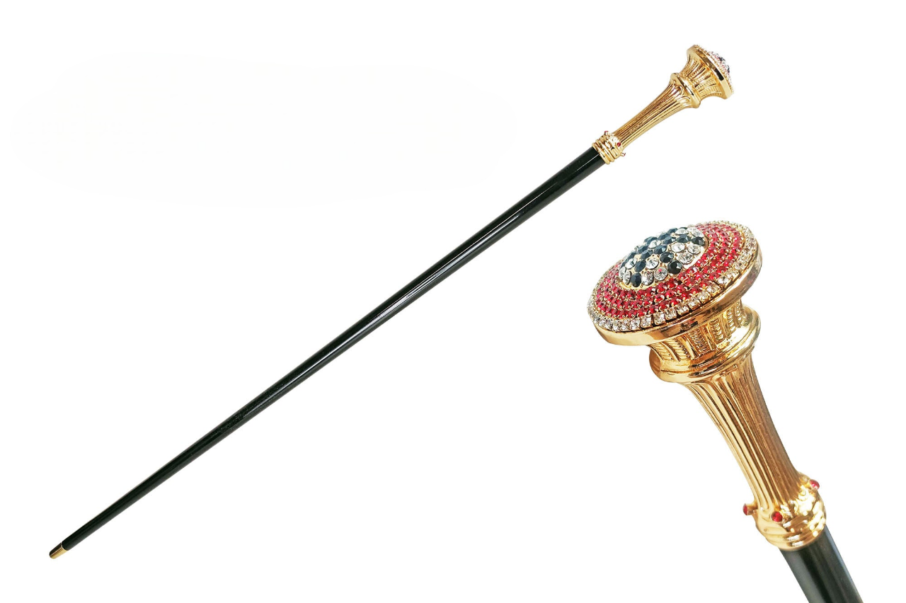 Luxury Italian Walking Stick with Red, White, and Black Crystal Handle