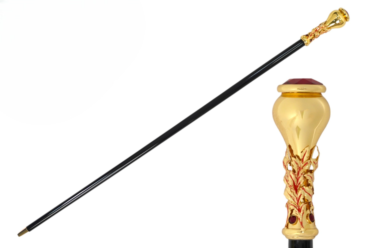 Handmade Italian Luxury 24K Gold-Plated Walking Cane with Red Crystal