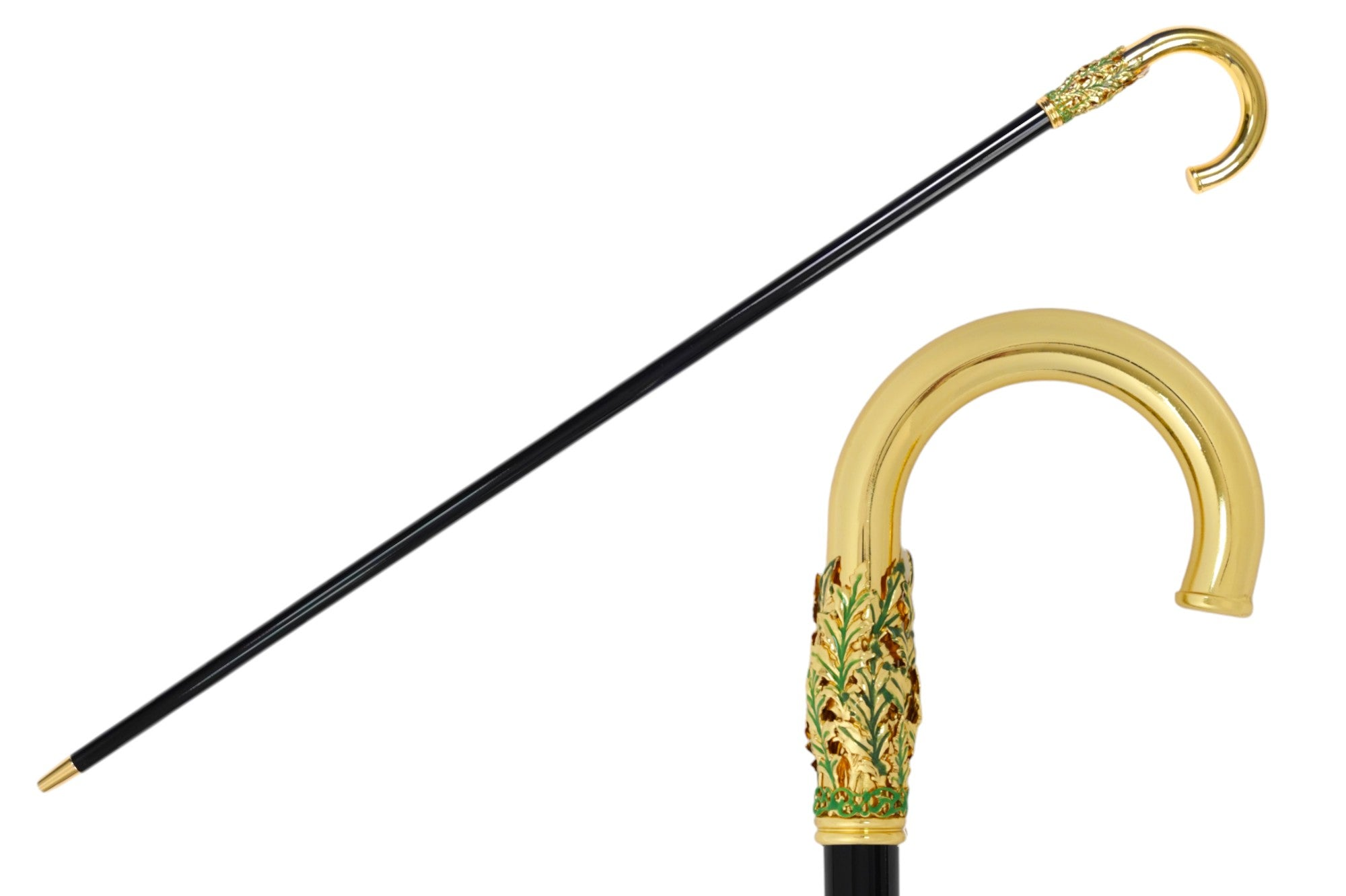 Elegant 24K Gold-Plated Walking Cane with Hand-Painted Leaf Handle