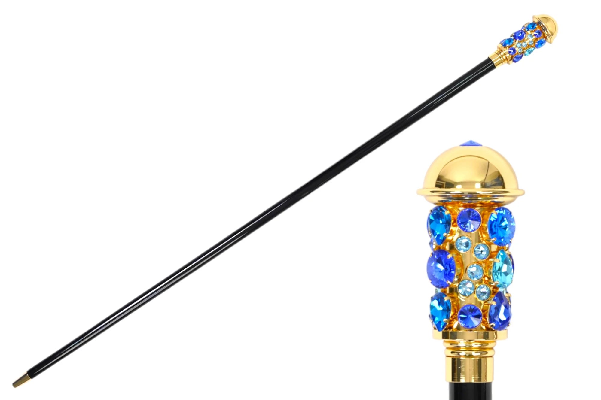 Luxurious 24K Gold-Plated Walking Cane – Sapphire & Aqua Crystals Handle