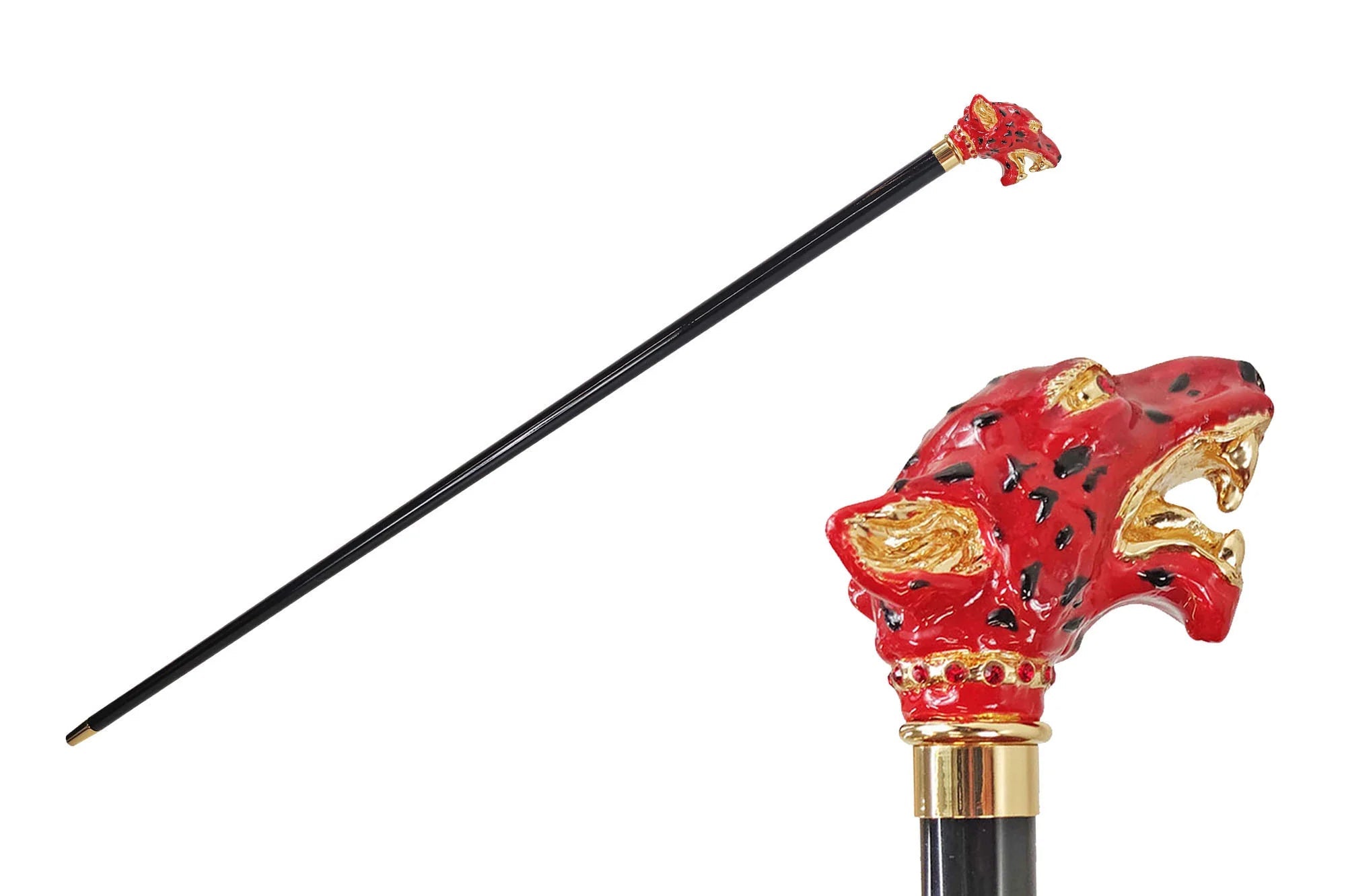 Luxury Gold Puma Walking Cane with Red Crystals – 24K Art Cane