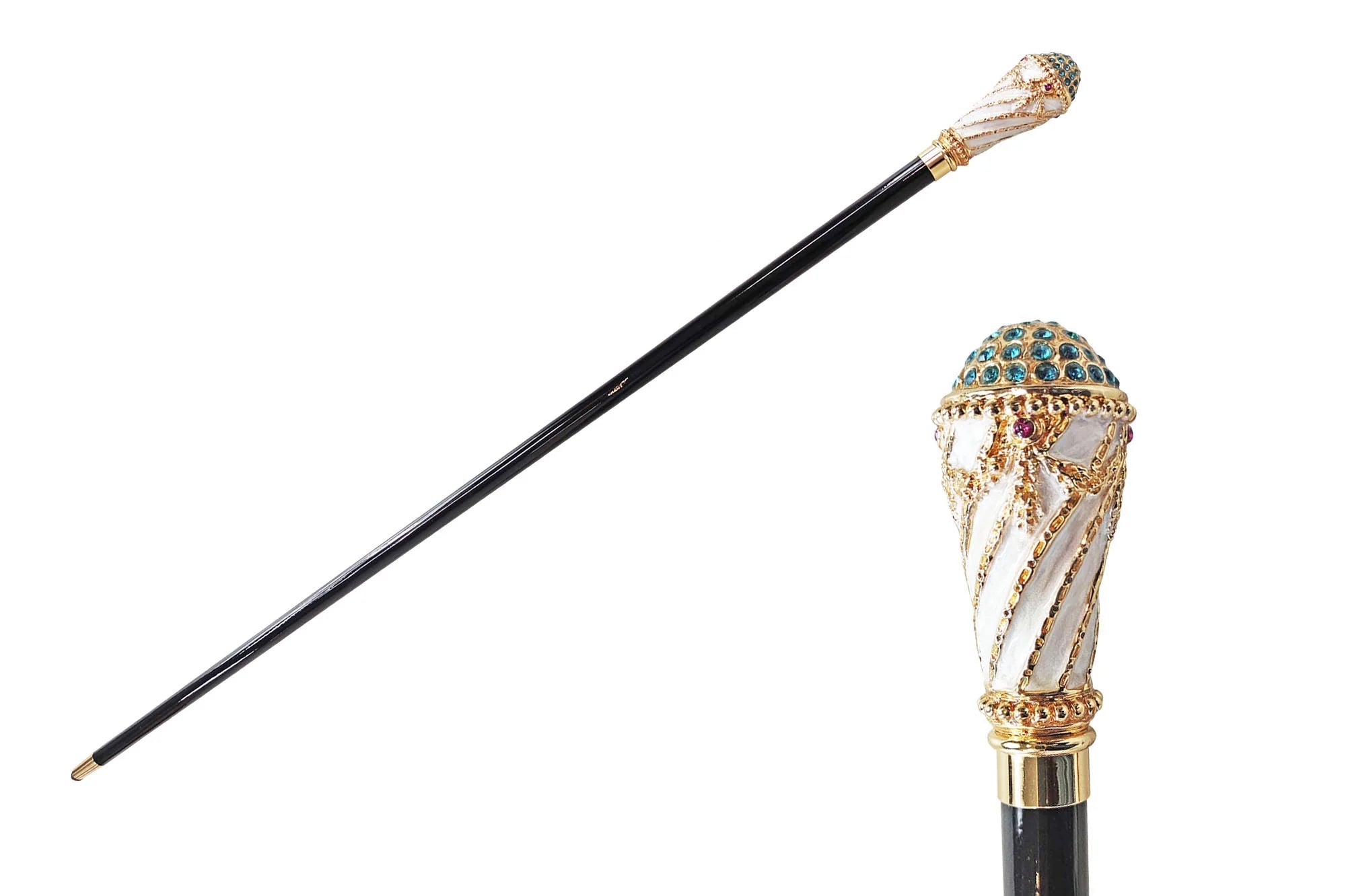 Luxury Gold Walking Cane with Indicolite Crystals – Hand-Painted Art Cane