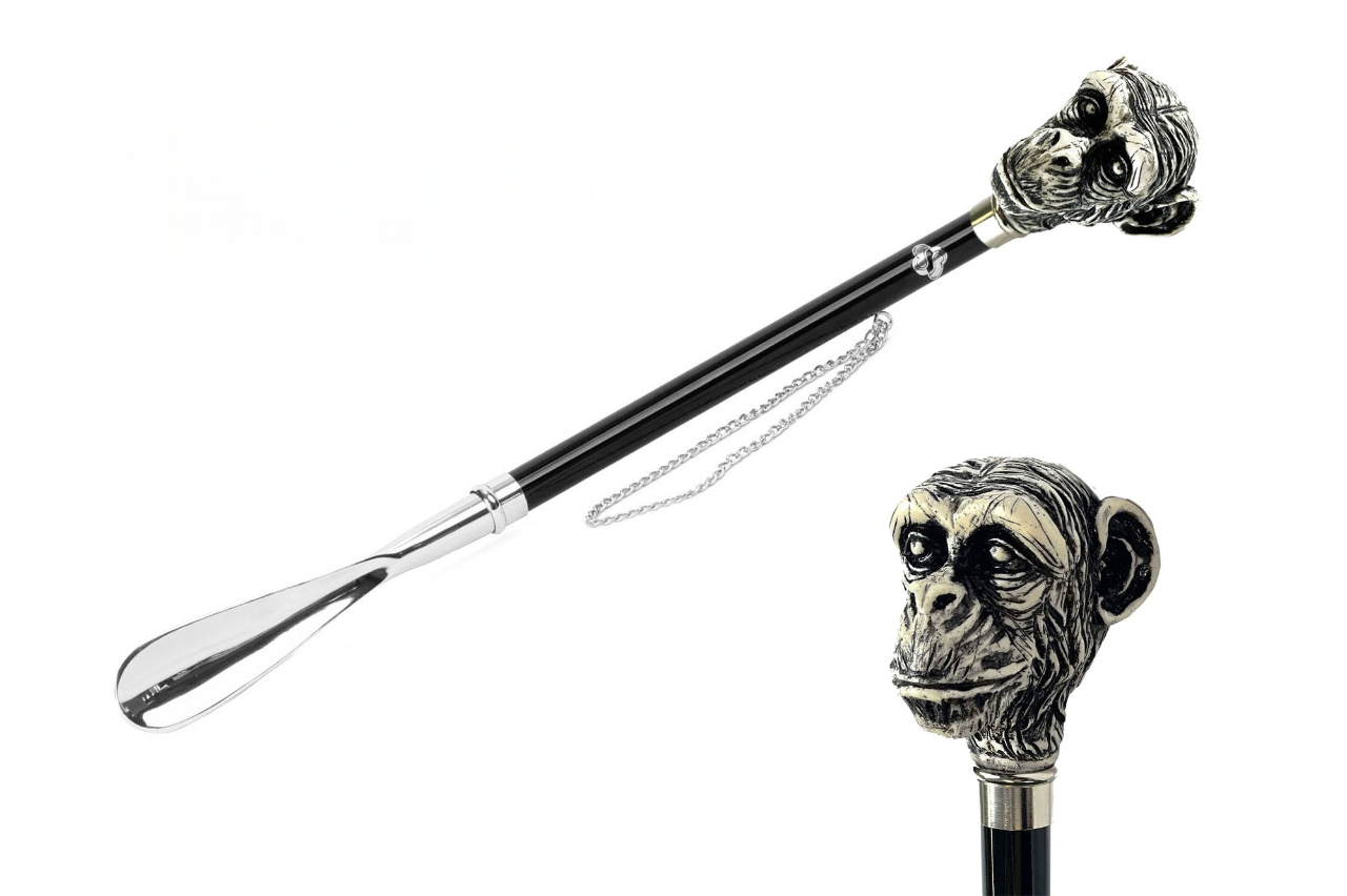 Designer Hand-Painted Monkey Handle 925 Silver-Plated Shoehorn