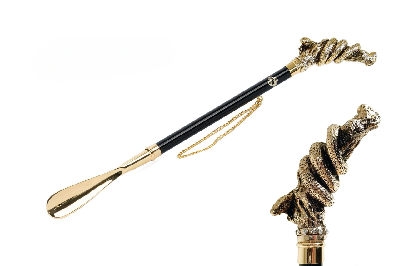 Snake on Branch Shoehorn – 24K Gold-Plated Artistry with Crystals