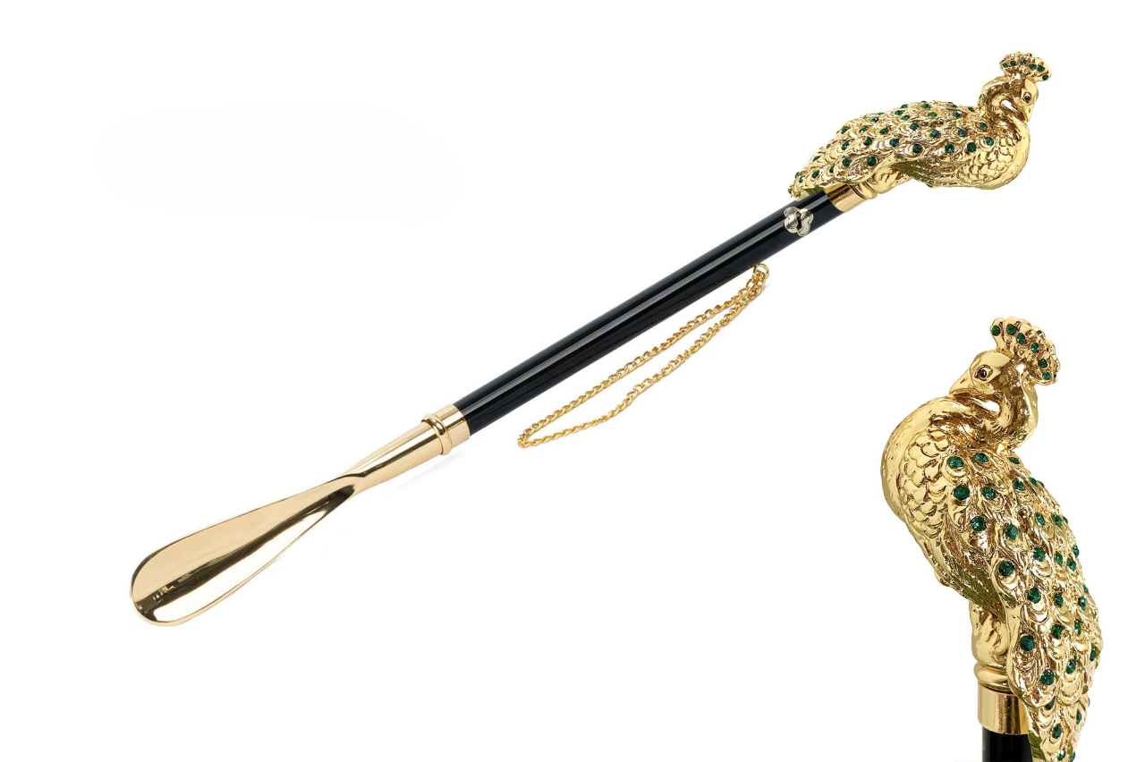 24K Gold-Plated Elegant Peacock-Handled Shoehorn with Emerald Crystals