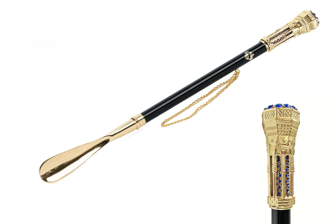 Handmade Sapphire Tower Shoehorn with 24K Gold-Plated Handle