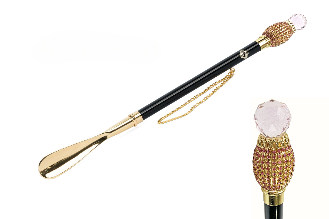 Handcrafted Golden Metal Italian Shoehorn with Pink Crystals