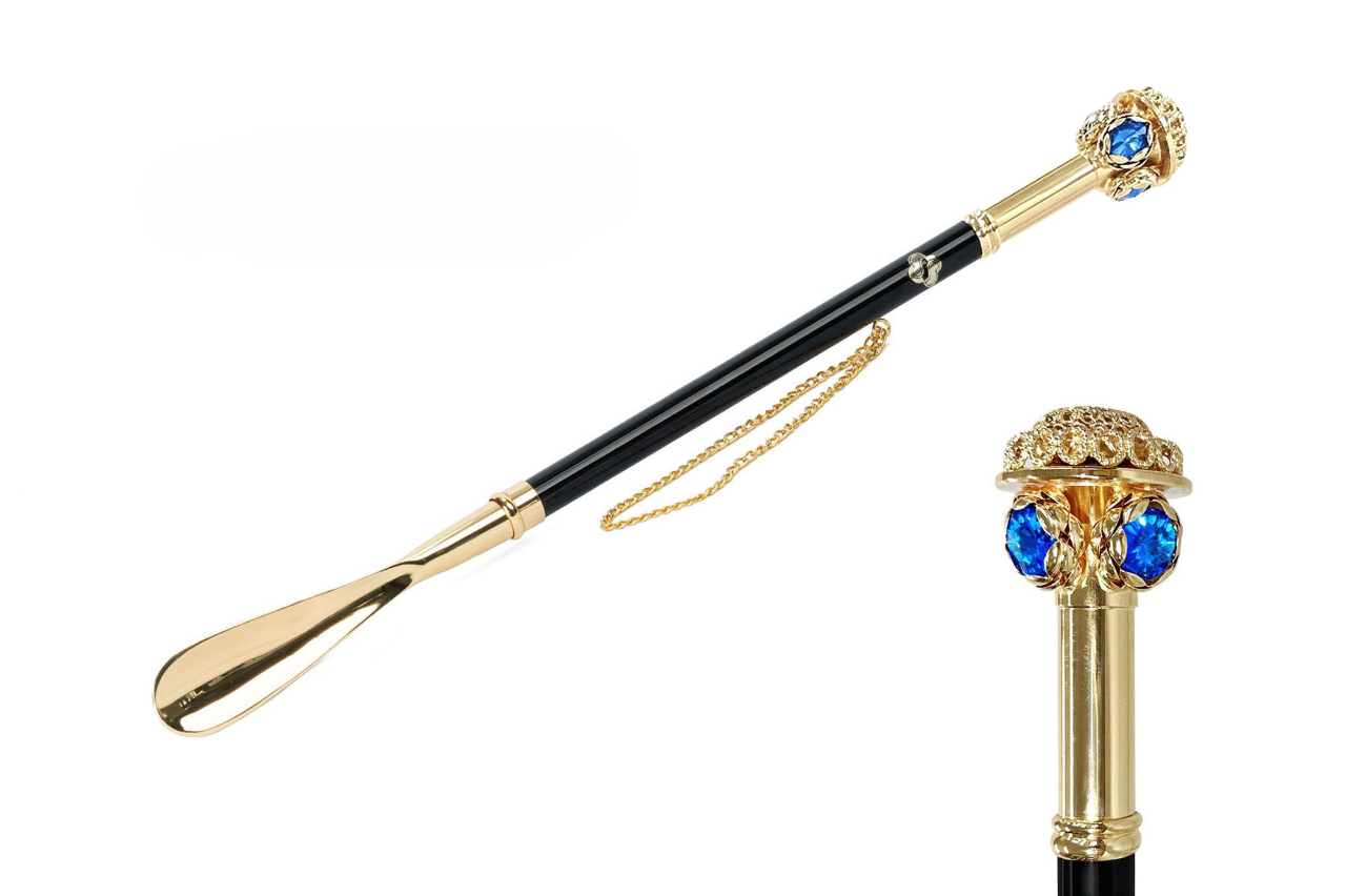 Handcrafted Shoehorn with Blue Crystal-Embellished 24K Gold Handle