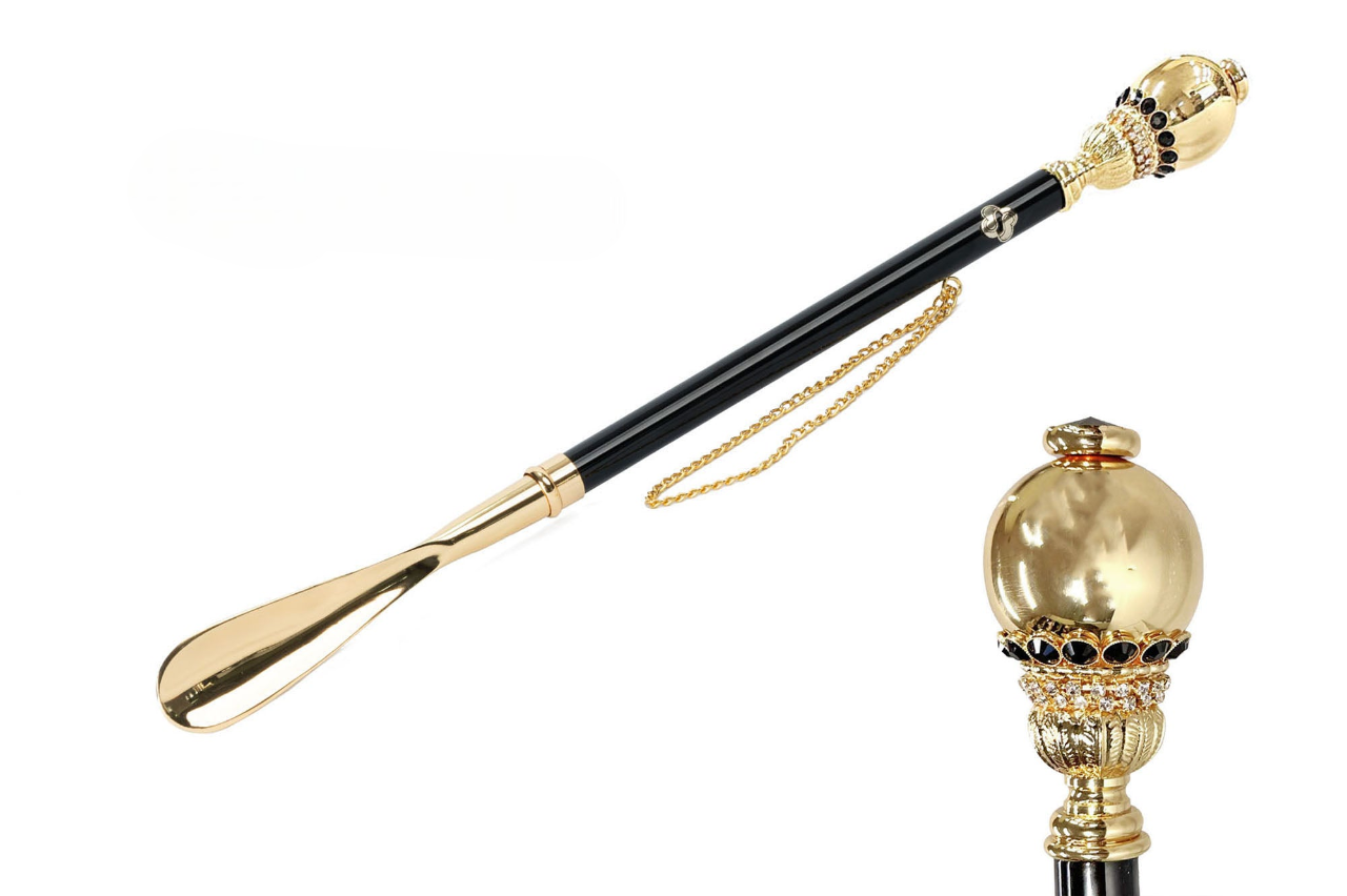 24K Gold Plated Round Ball Knob Handle Shoehorn with Crystals