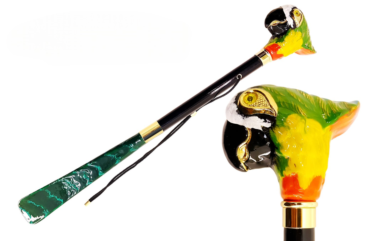 Enamelled Parrot Handle and Golden Accents Elegant Italian Shoehorn