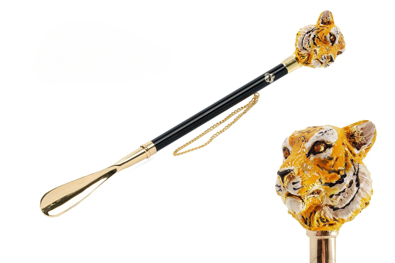 Luxury 24K Gold-Plated Shoehorn with Hand-Painted Tiger Handle