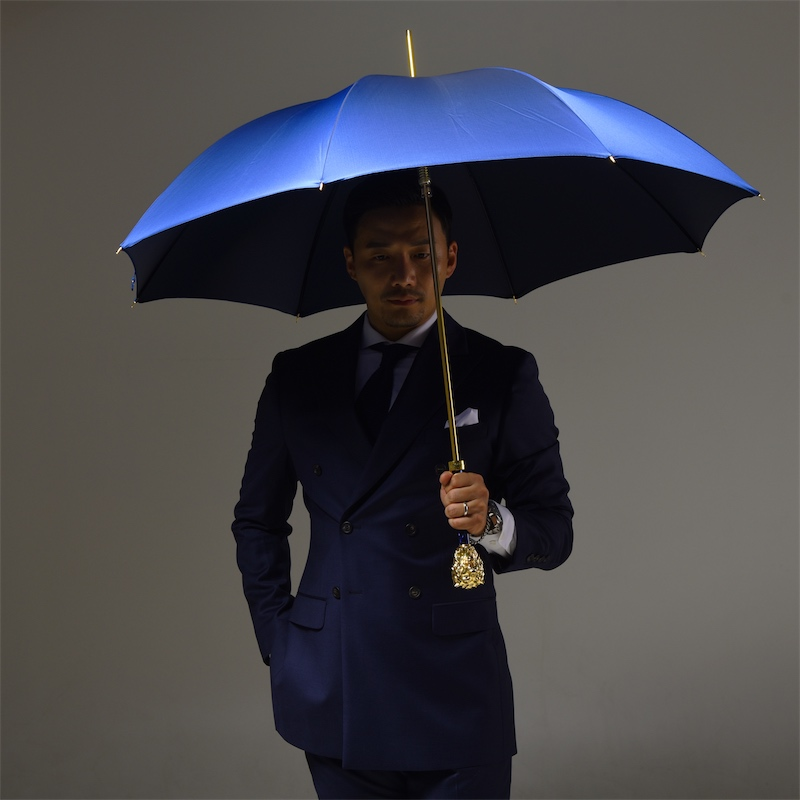 Blue Umbrella with Gold Lion Handle – Handmade in Italy