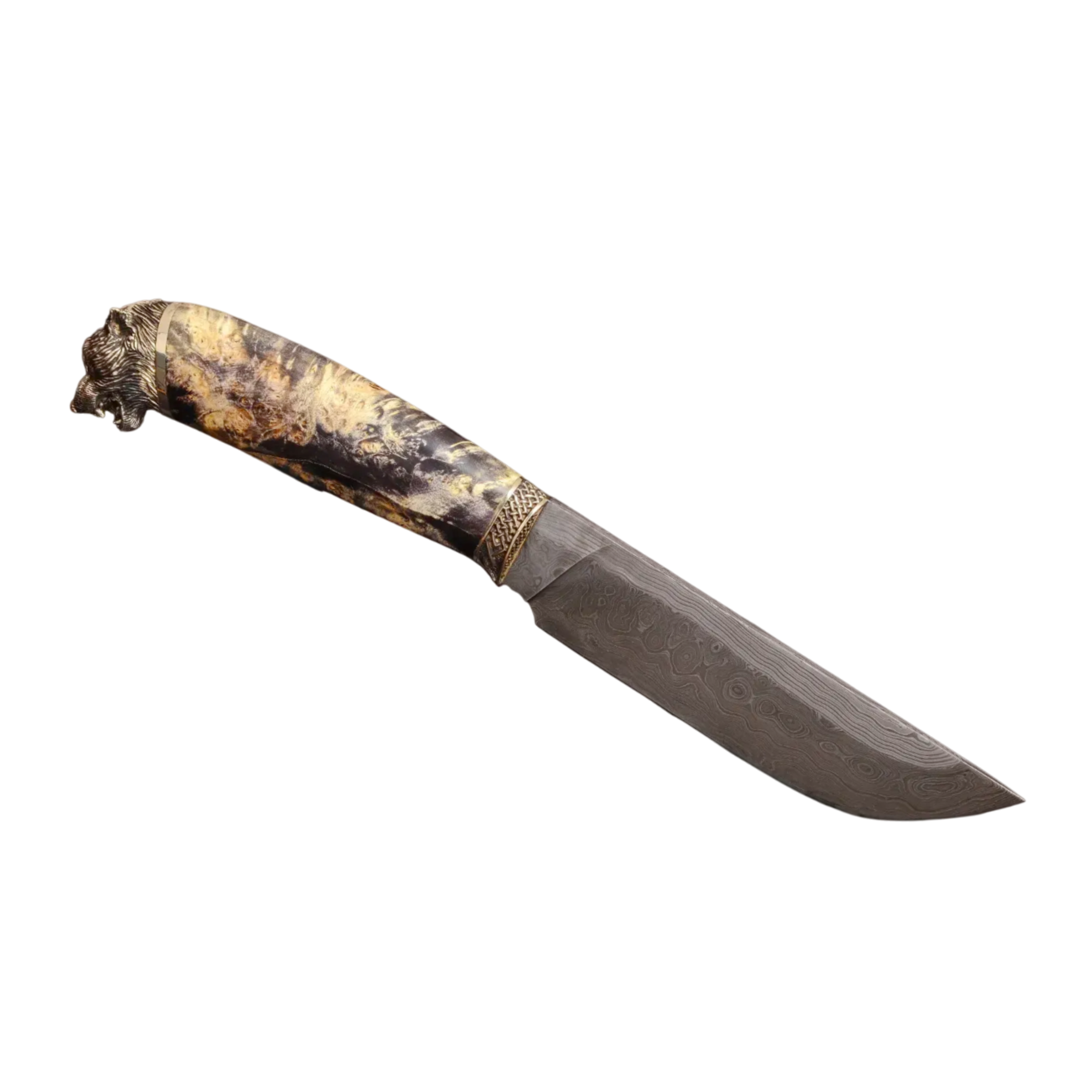 Handmade Damascus Steel Knife "Wolf" with Leather Fur Sheath