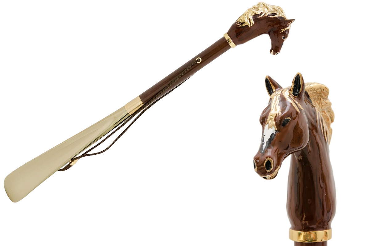 Brown Horse Enameled Brass Handle Shoehorn – Handmade in Italy