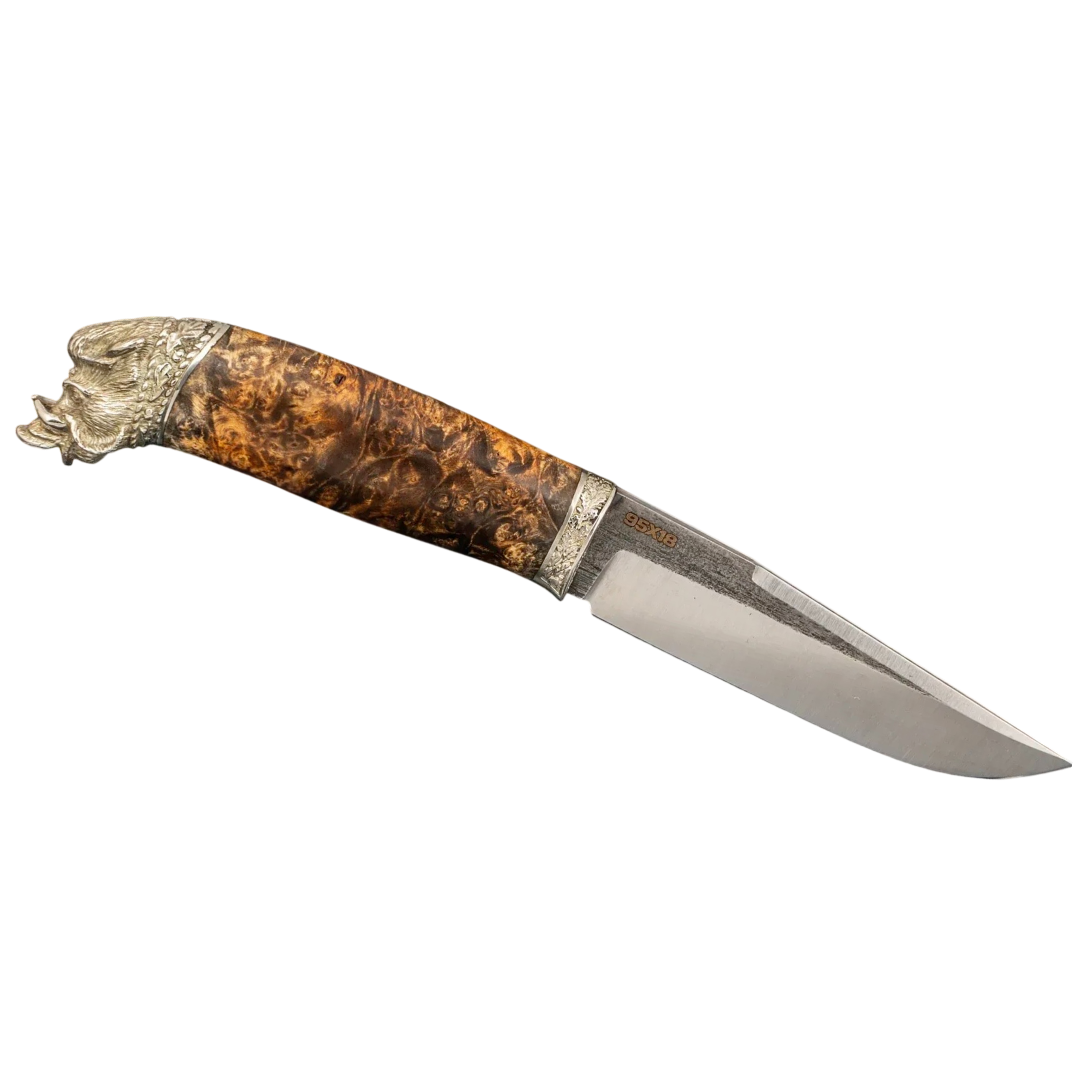 custom handmade knife with maple burl handle