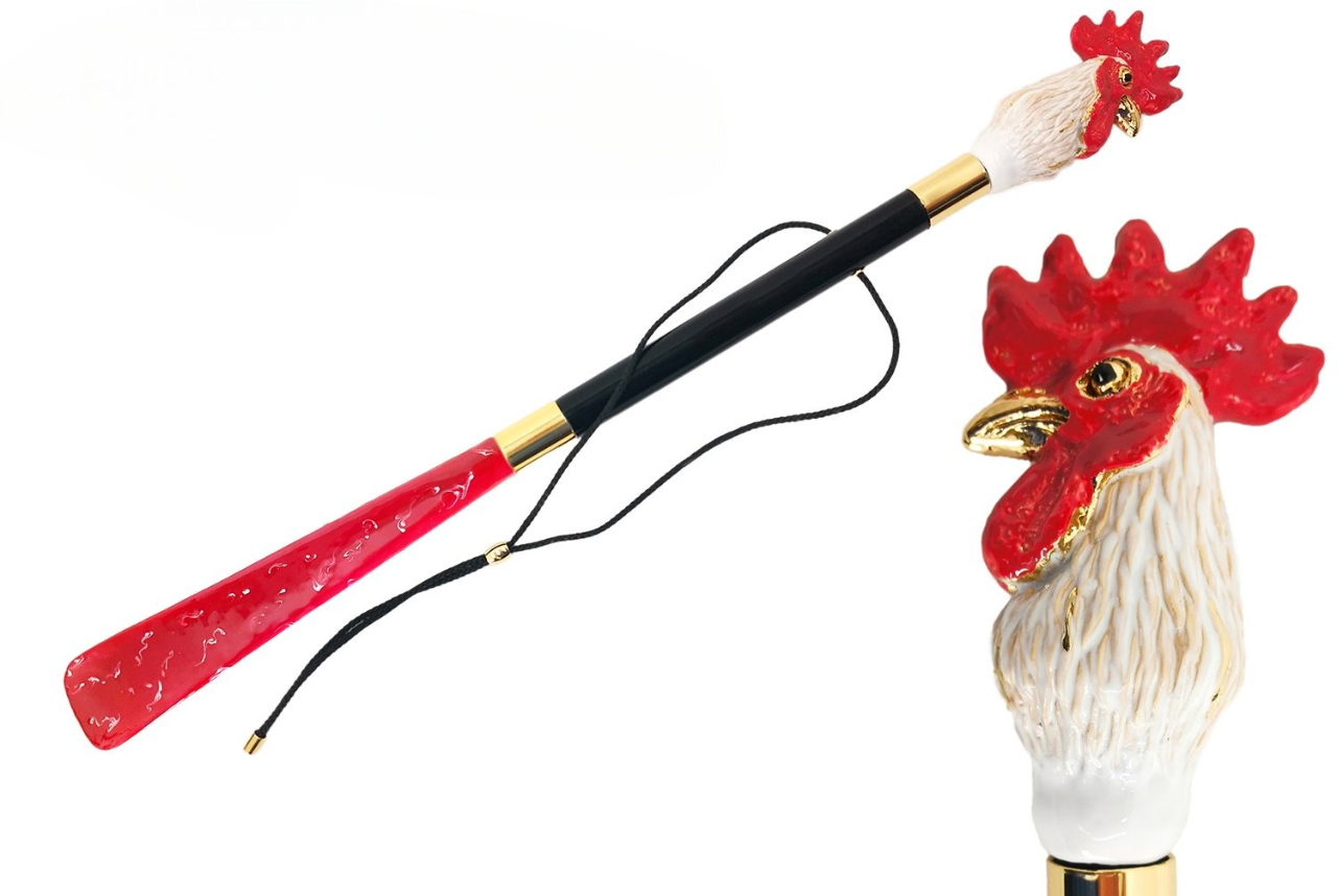 Italian Shoehorn with Enamelled Rooster Handle and Golden Accents