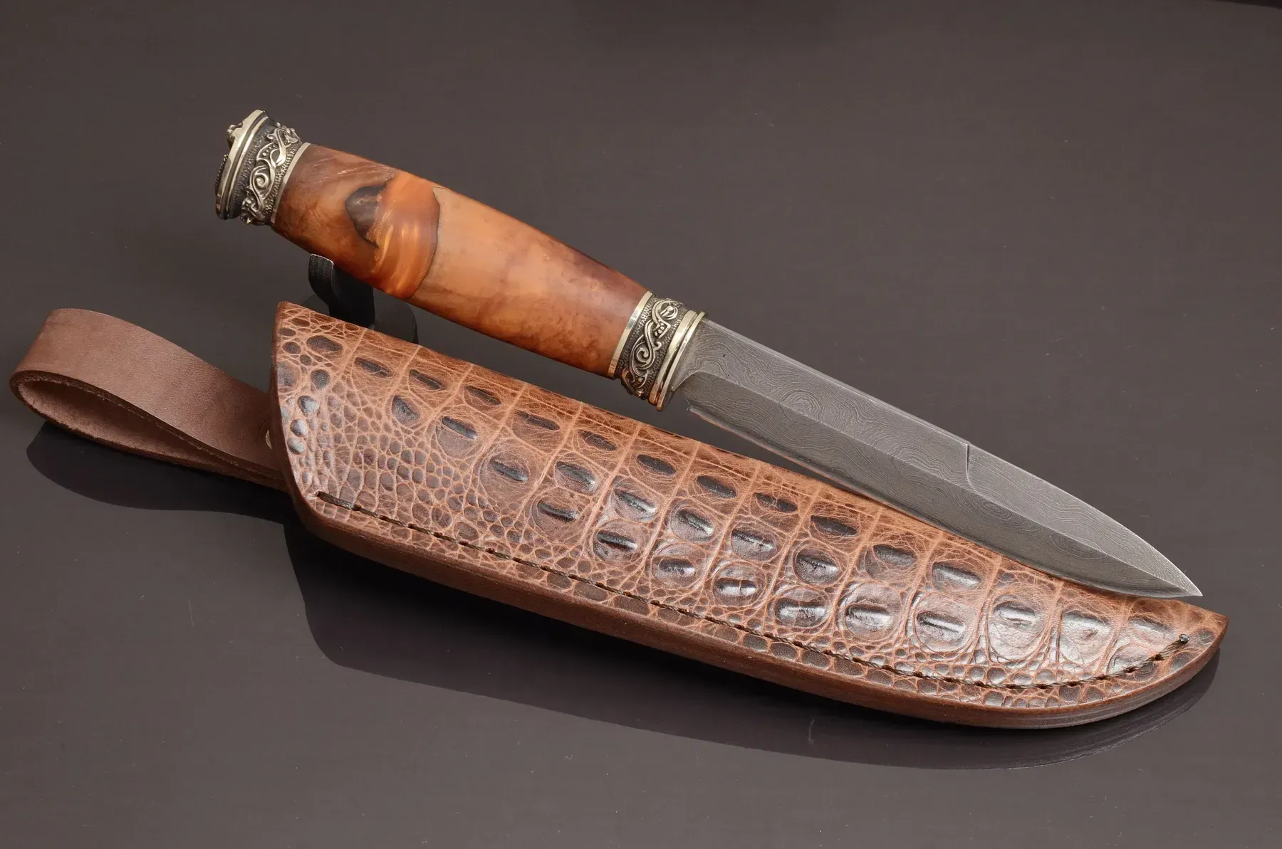 Handmade Damascus Steel Knife with Moose Head Cast Bolster