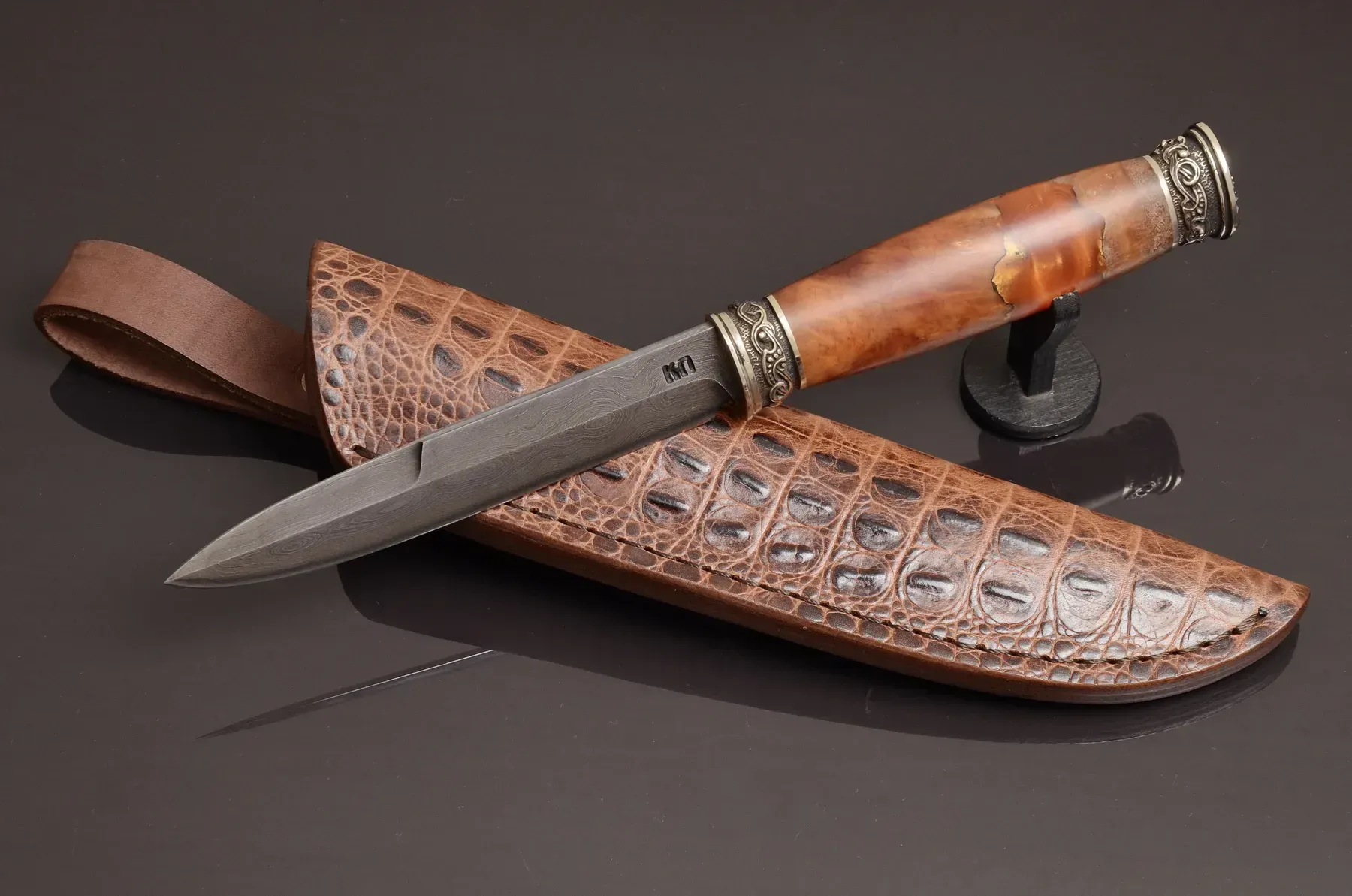 Handmade Damascus Steel Knife with Moose Head Cast Bolster