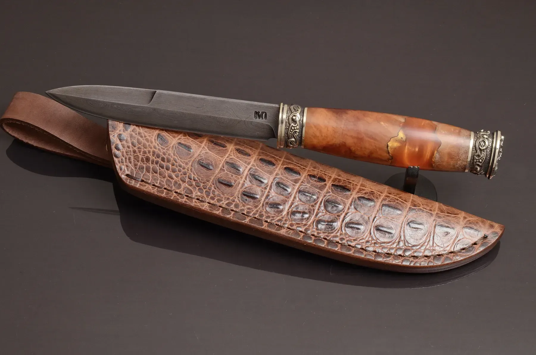 Handmade Damascus Steel Knife with Moose Head Cast Bolster