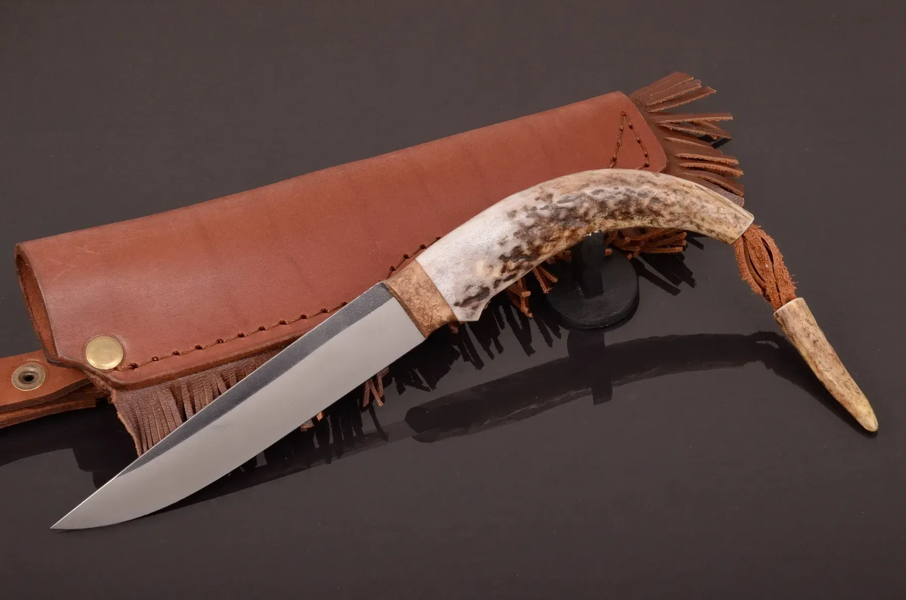 Yakut Knife N690 Steel with Moose Antler Handle and Leather Sheath