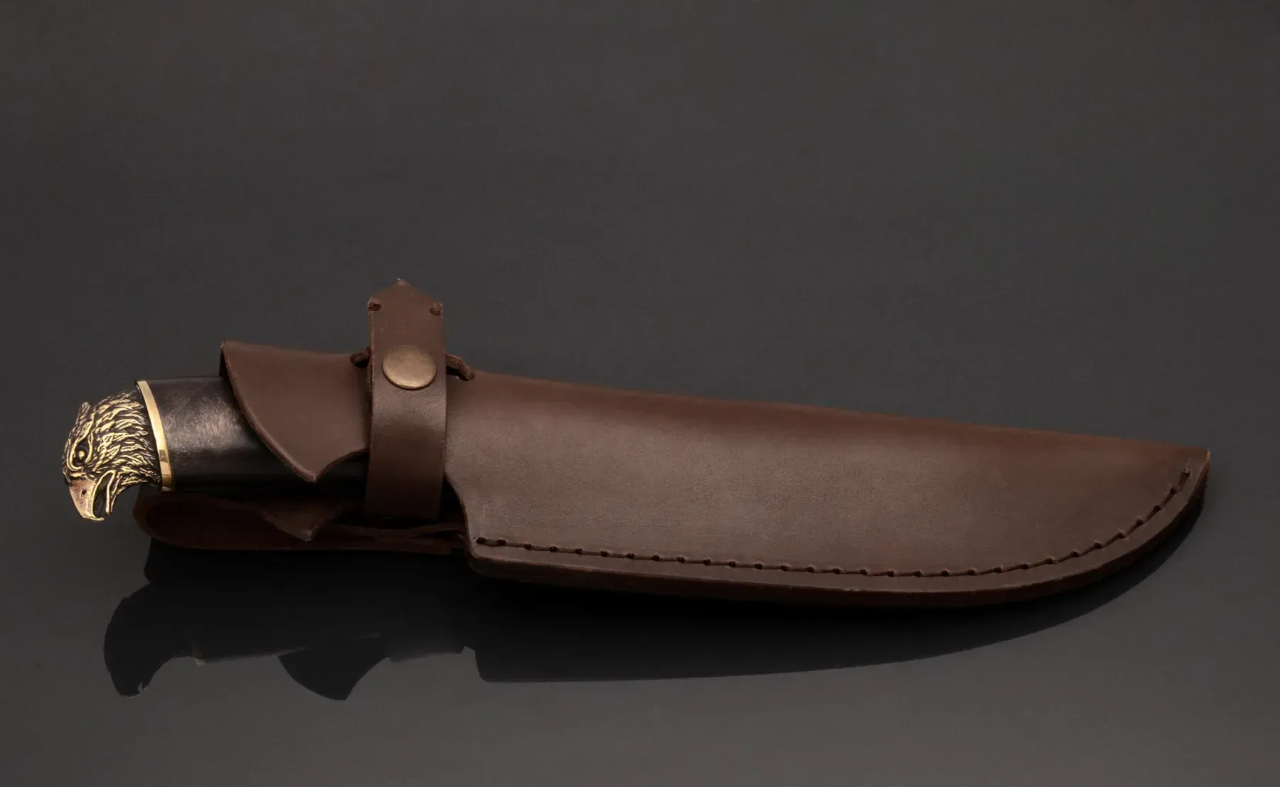 Falcon Motif Hunting Knife with Stainless Steel Blade and Burl Handle