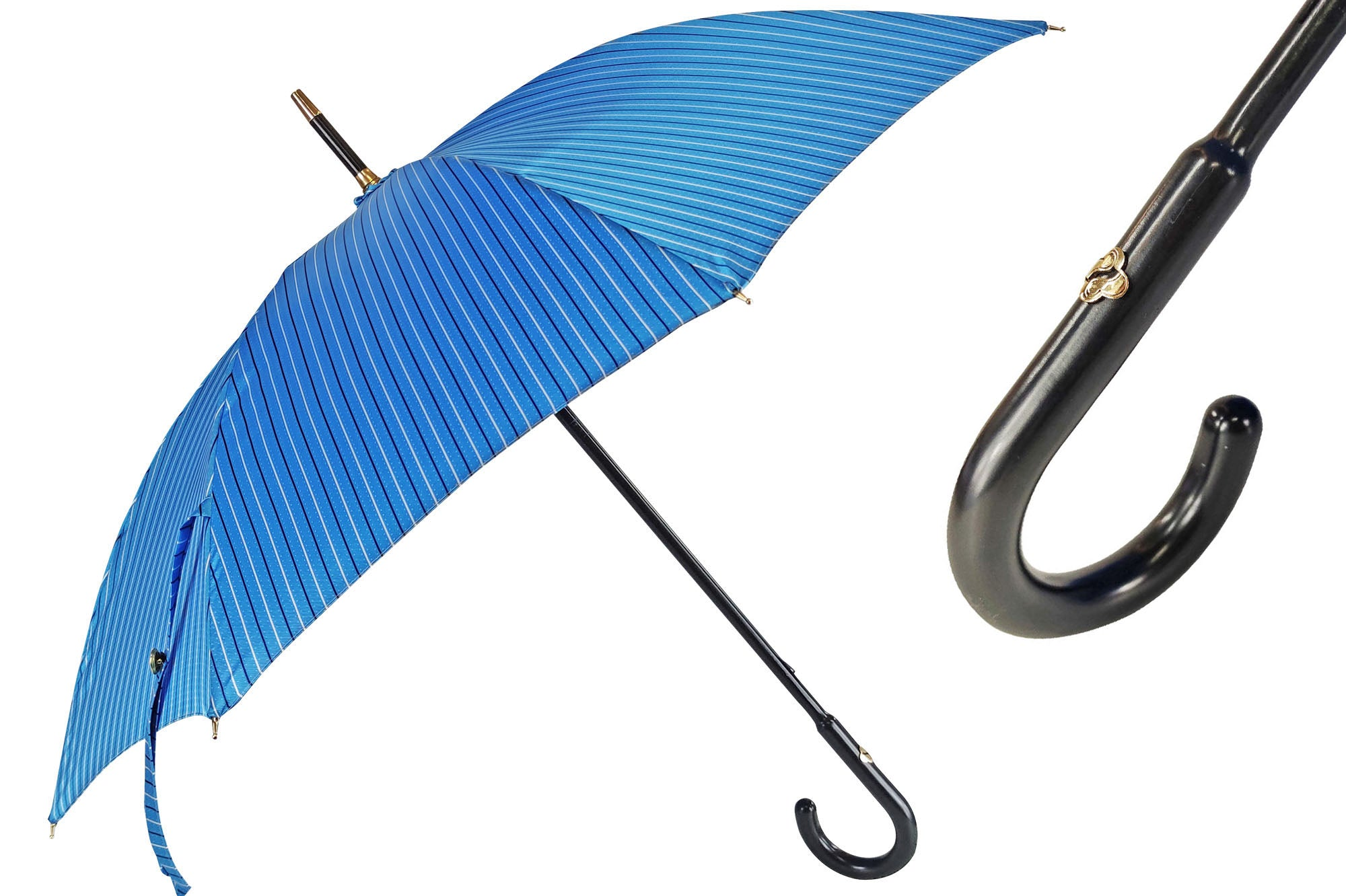 Classic Blue Men's Umbrella with Black Beech Wood and Leather Handle