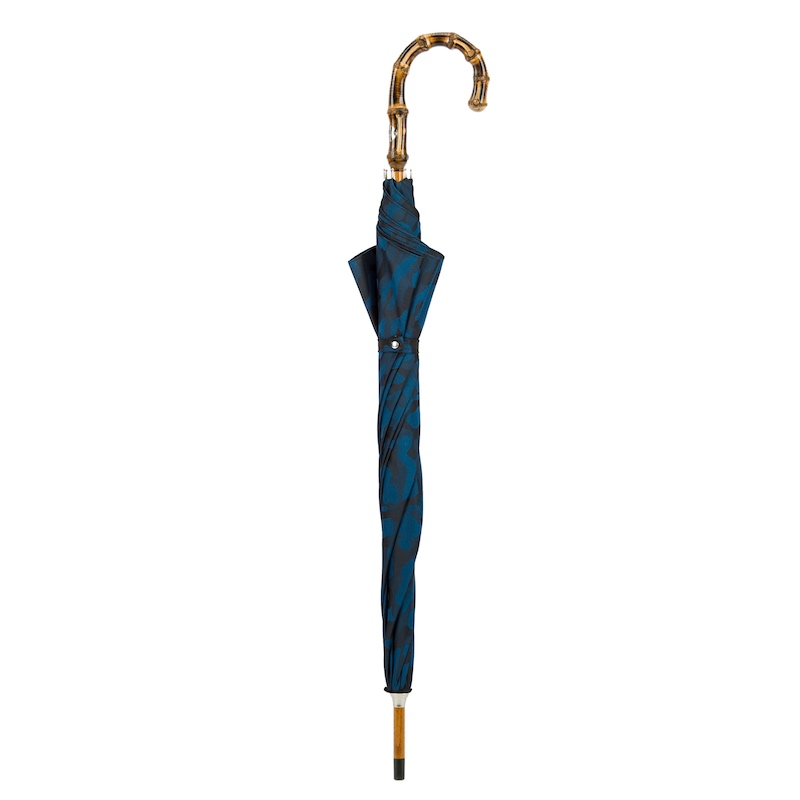 Navy Blue Camouflage Umbrella with Bamboo Handle, Italian Craft