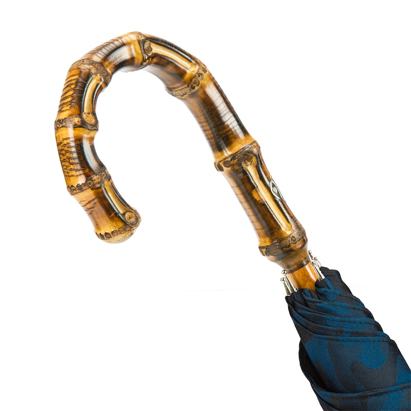 Navy Blue Camouflage Umbrella with Bamboo Handle, Italian Craft