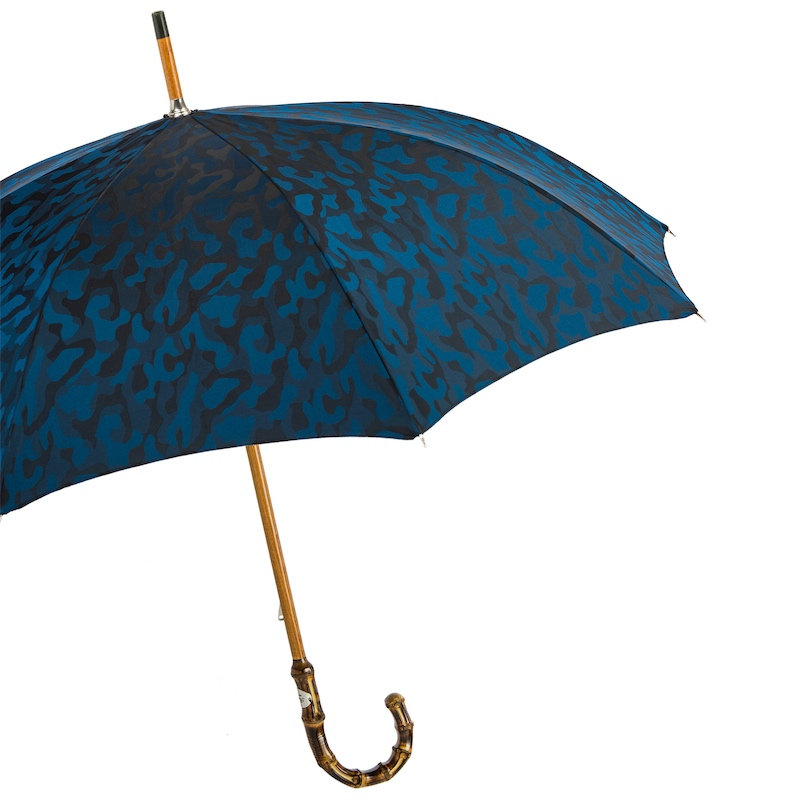 Navy Blue Camouflage Umbrella with Bamboo Handle, Italian Craft