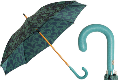 Luxury Turquoise Paisley Umbrella with Leather Handle