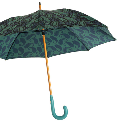 Luxury Turquoise Paisley Umbrella with Leather Handle