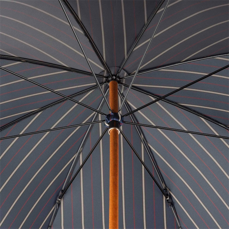 Bespoke Striped Umbrella with Navy Leather Handle, Handmade in Italy