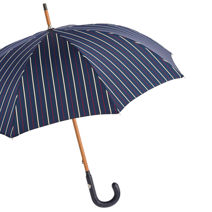 Bespoke Striped Umbrella with Navy Leather Handle, Handmade in Italy