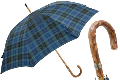 Blue Check Umbrella with One-Piece Wooden Handle – Handmade in Italy