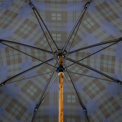 Blue Check Umbrella with One-Piece Wooden Handle – Handmade in Italy