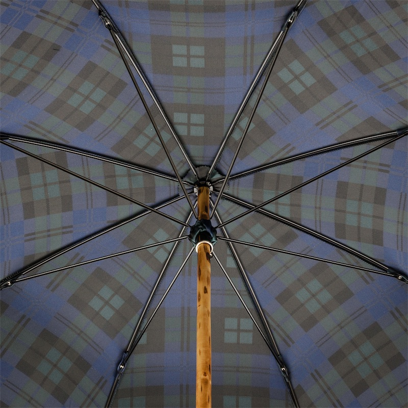 Blue Check Umbrella with One-Piece Wooden Handle – Handmade in Italy