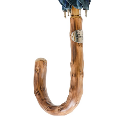Blue Check Umbrella with One-Piece Wooden Handle – Handmade in Italy