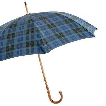 Blue Check Umbrella with One-Piece Wooden Handle – Handmade in Italy