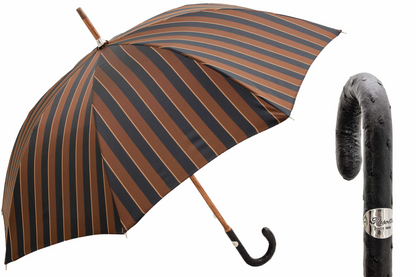 Large Striped Umbrella with Premium Ostrich Leather Handle