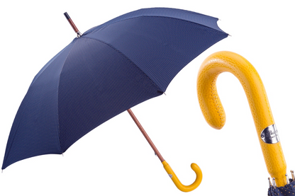 Bespoke Navy Umbrella with Yellow Polka Dots and Leather Handle