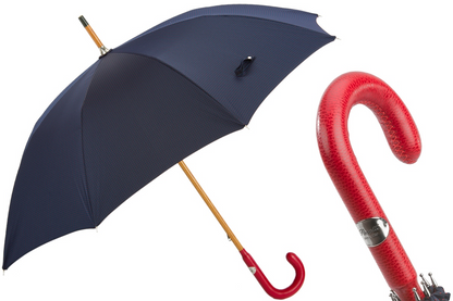 Bespoke Navy Umbrella with Red Dots and Leather Handle