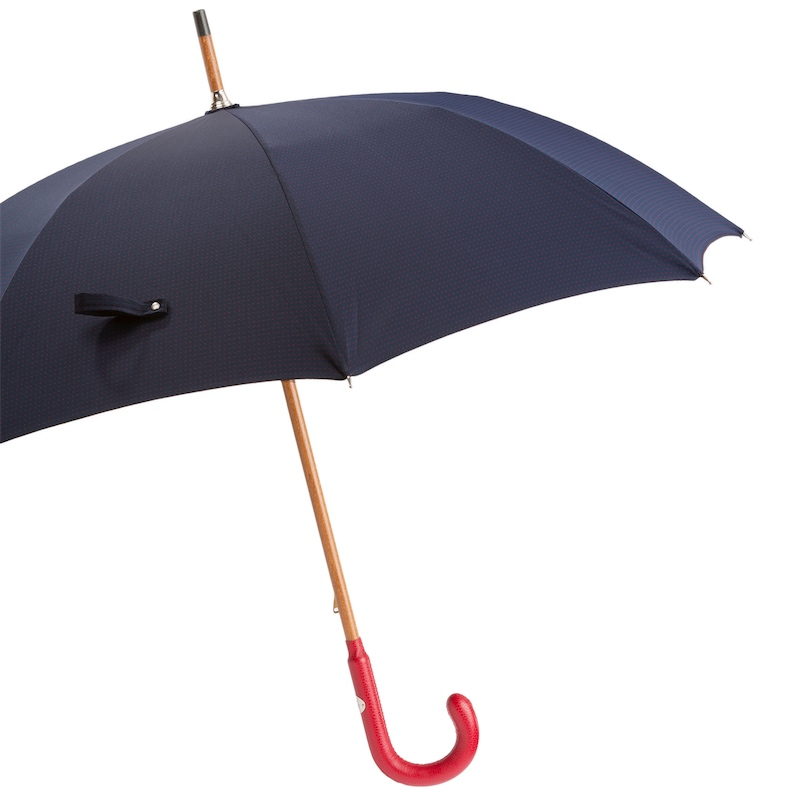 Bespoke Navy Umbrella with Red Dots and Leather Handle
