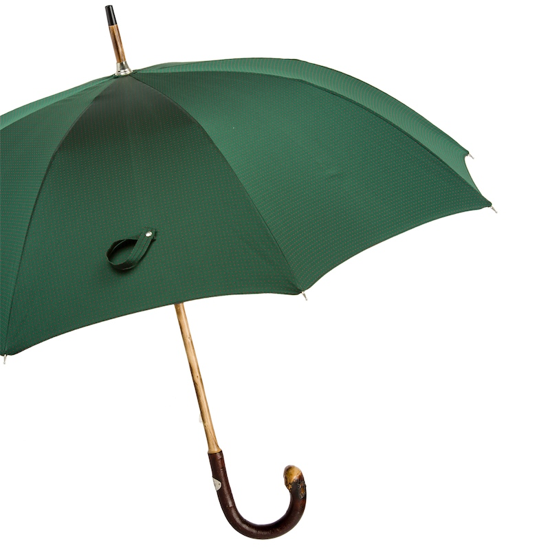 Dark Green Wooden Umbrella with Red Dots and Chestnut Handle