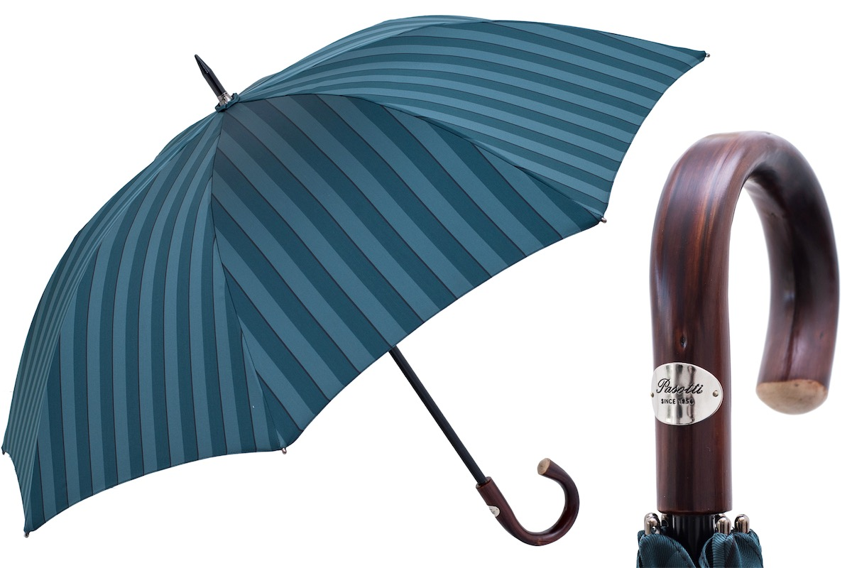 Large Striped Umbrella with Dark Chestnut Handle, Handmade in Italy
