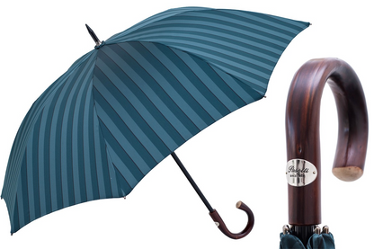 Large Striped Umbrella with Dark Chestnut Handle, Handmade in Italy